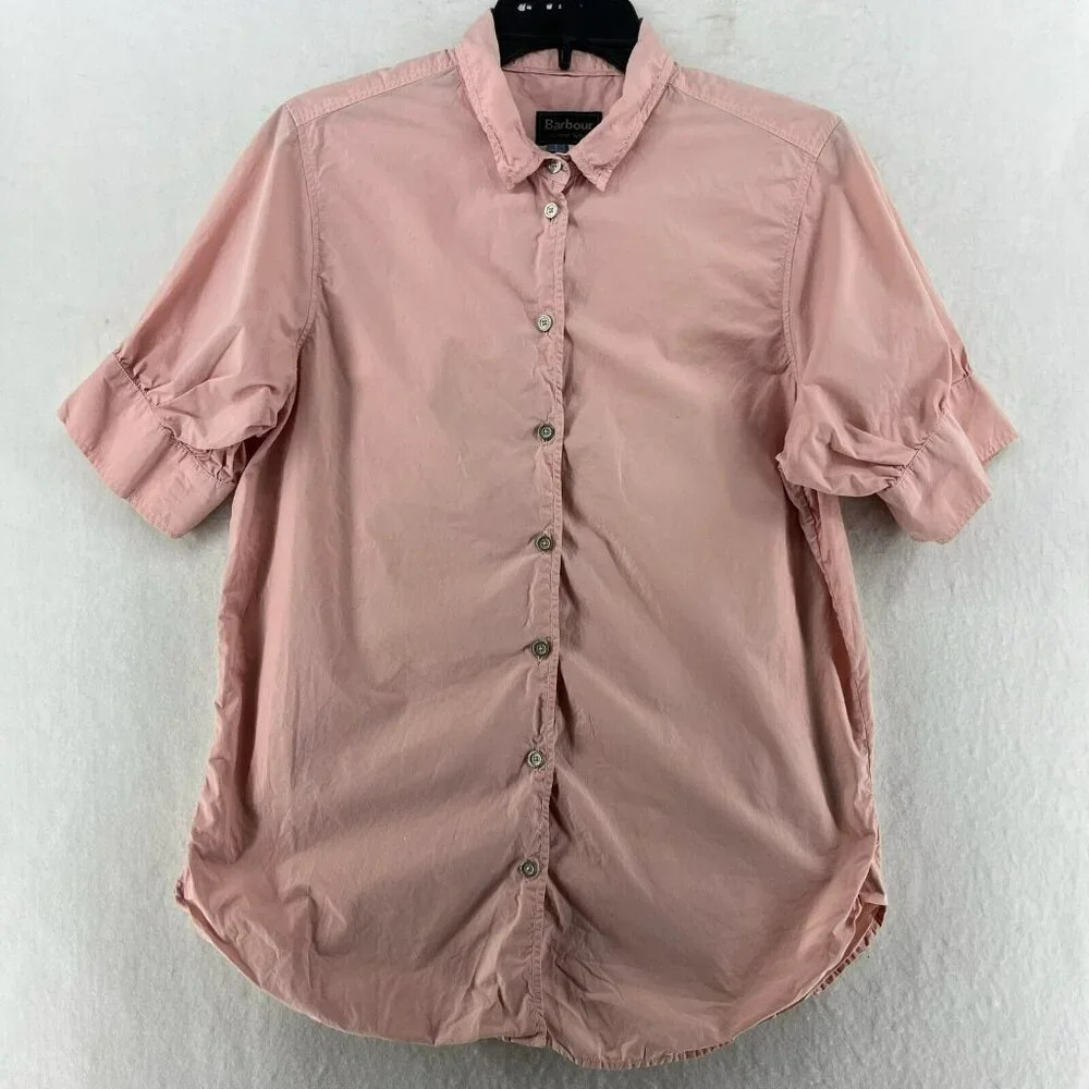 Barbour Shirt Womens XL Coral Orange Collared Button Up Relaxed Fit Short Sleeve